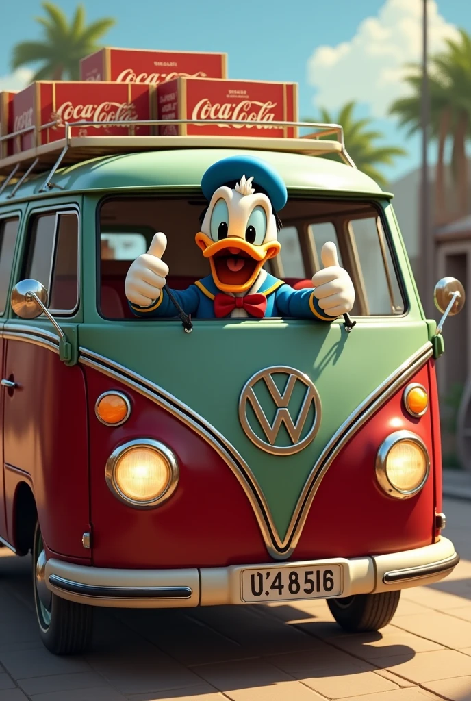 Driver Donald Duck leans out of the open door of a dark maroon with light green stripes Volkswagen minibus and gives a thumbs up like..  The minibus is carrying many boxes of Coca-Cola. We see the minibus in its entirety