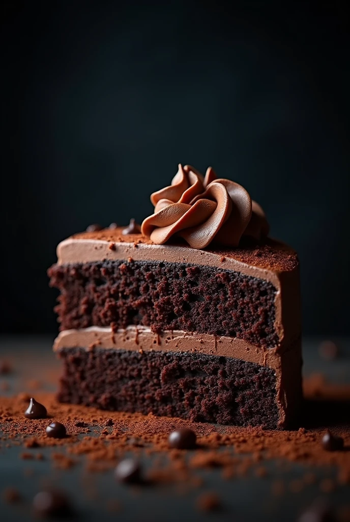 cinematic film still chocolate, chocolate cake, dark background, quality photo, moist texture, frosting, studio photo, slice . shallow depth of field, vignette, highly detailed, high budget, bokeh, cinemascope, moody, epic, gorgeous, film grain, grainy