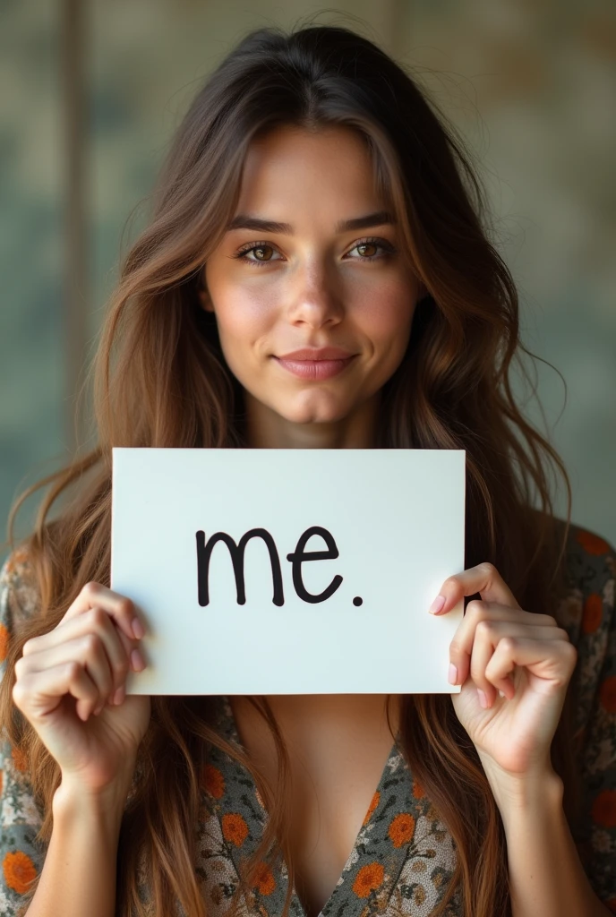 Beautiful girl with wavy long hair, bohemian dress, holding a white board with text "me " and showing it to the viewer