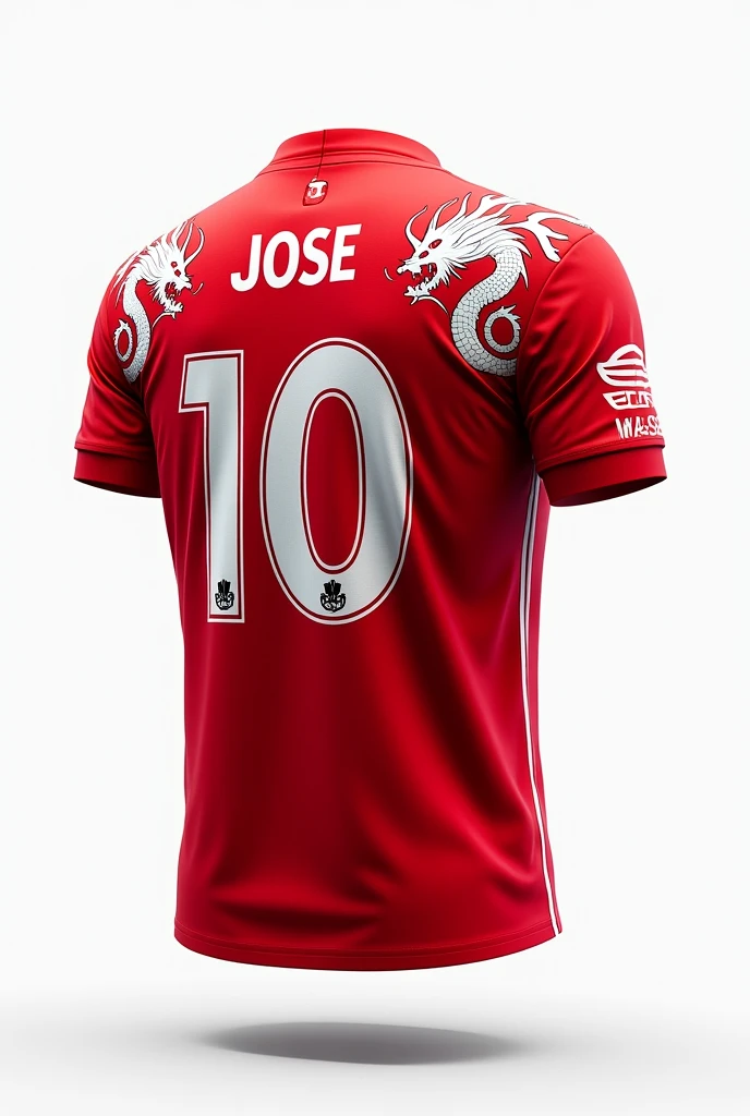 A football shirt with the number 10 on the back with the colors white and red full of dragons around the number 10