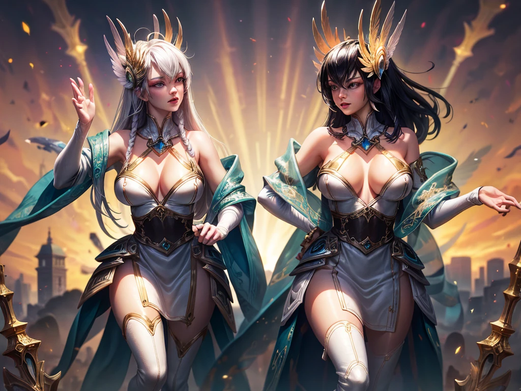 (best quality,4k,highres,masterpiece:1.2), full standing picture, tanned skin, misty rose hair, gold eyes, twin ponytails, long eyelashes, big boobs, gold necklace, white feathered wings, gold paladin armour, holding a staff