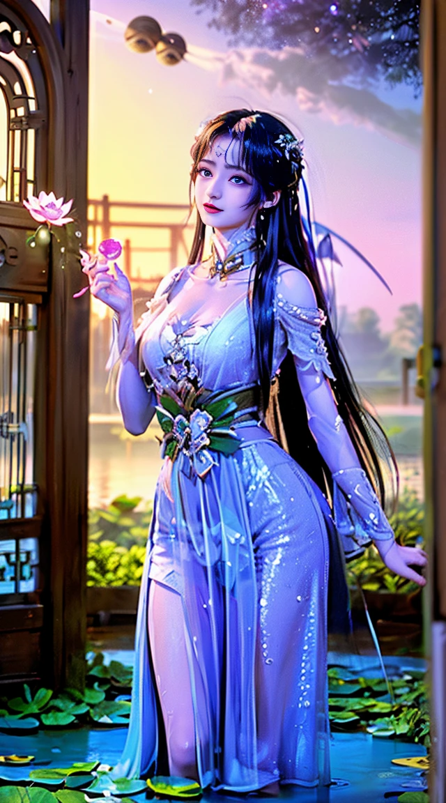 (((1 fairy standing on a water lotus pond))), hair jewelry, double tail, White and green dress, (exquisite exquisite jewelry), flawless beautiful face of goddess Athena, ((thin sequin see-through white hanfu with lots of sexy lace details)), legendary goddess, symbolic goddess, sparkling beautiful goddess style, red lipstick,(shy), (seductive smile ), swollen lips, detailed and delicate, beautiful lips delicate and delicate in detail, (pure and flawless face: 1.9), goddess body, big breasts, breast augmentation, round breasts, cup phoenix, long flat bangs, flower tattoo on forehead, beautiful face Bright and balanced eyes, (light purple eyes: 1.8) , (big round eyes and makeup, sexy wet eye makeup, very hair makeup beautiful and meticulous, long hair and delicate, delicate, shape: 1.8), shape: and lively, (stars that make up the sky: 1.7), (( (sky in the sky and the blue gate of fictional time and space: 1.8))), fictional art,