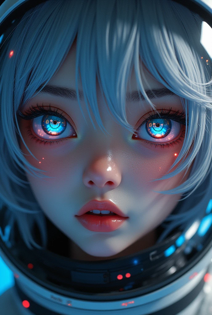(Close-up of a better masterpiece:1.5)0.9], (Space and astronauts:1.2) (Messy silver hair:1.1) (Heterochromia xanthochromia and blue eyes:1.2) (Space Helmet:1.0) (Colored stars in the eyes:1.0) (A radiant glow:1.1) (thick lips:0.9)