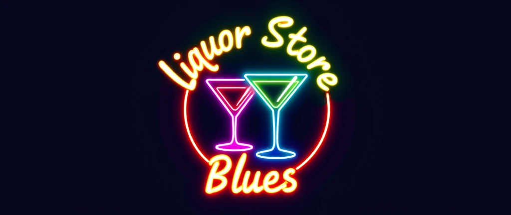 Circular logo with a wine glass and a martini glass in the center, the name of Liquor Store Blues around it in cursive, all this with green colors, red, purple, naranja y red estilo neon