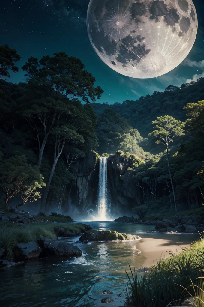 large moon, stunning moon, a lush eden, paradise overflowing with fauna, emerald dunes in the distance, raging winds, exotic features, remarkable landscape, stunning features, exaggerated tones, exaggerated proportions, a night sky clear of clouds, shimmering stars, luminous moonlight, shimmering sands of green, hyper detailed, vibrant colors, cinematic light, 8k, masterpiece, photorealistic, award winning, stunning landscape, intricate details, dramatic atmosphere, tones of green, shades of emerald, shades of blue, white streaks of moonlight