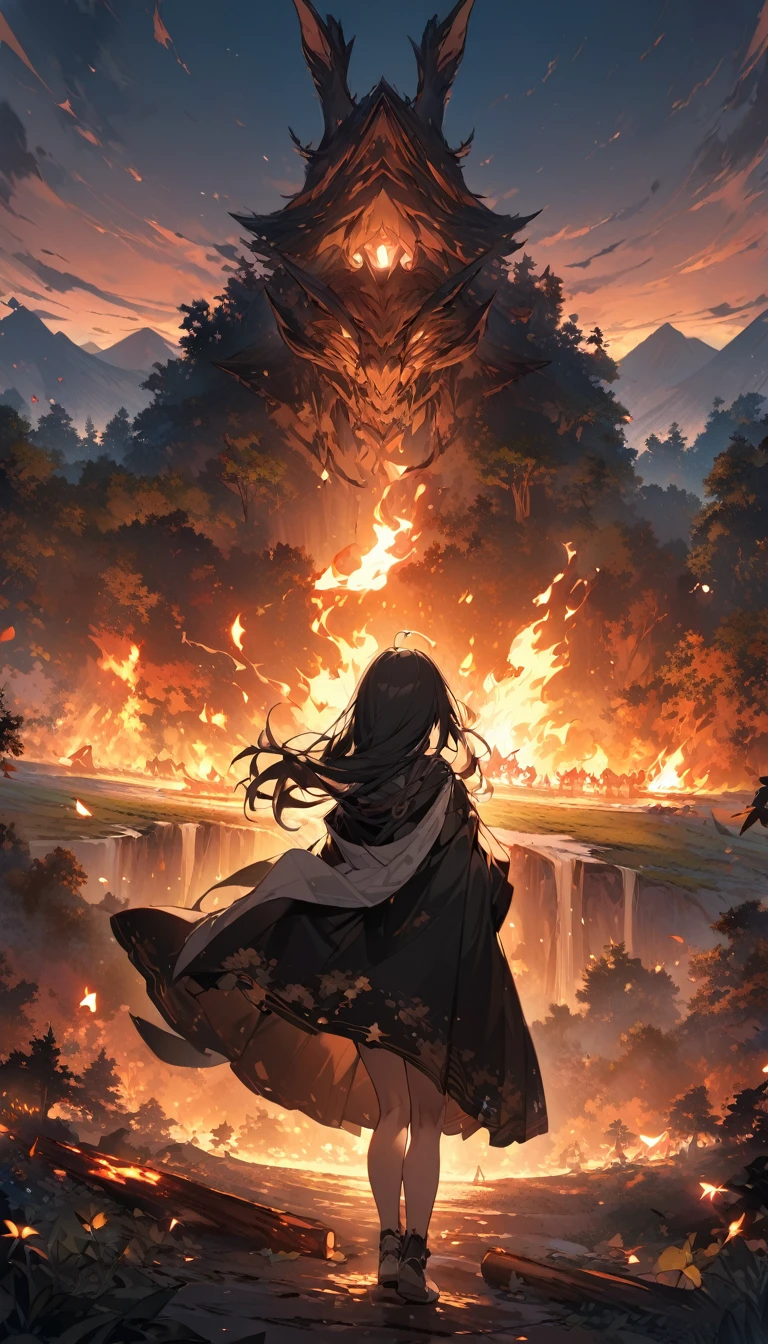 Super detailed: 1.2、Deep writing depth: 1.2、((Panorama, center, masterpiece, Highest quality: 1.2))、 (8k, RAW Photos, Highest quality), ((masterpiece:1.2)), Ultra-high resolution, アニメアート壁紙 8k、 (1people、Back view),Deep in the forest、When dusk approaches、少女アリアは一peopleで焚火の前に座っていた。Her long black hair flutters in the wind、Clear blue eyes staring into the flames of the bonfire。Aria puts on her old cloak、I hugged my knees and soaked in the warmth of the fire。The silence of the forest spreads、With only the crackling of the bonfire echoing,、She was musing on legends from long ago.。 This forest has a long-standing legend.。As the night deepens、It is said that mysterious beings from deep within the forest are drawn to the bonfire.。it is妖精や精霊と呼ばれるもので、people々It is said to bring good luck to。Aria believes in the legend.、Illuminating the darkness of the forest with the light of a bonfire、I was waiting for those beings to appear.。 Eventually、The wind blows through the forest、I heard something moving among the leaves.。Aria squinted her eyes.、Look in the direction of the sound。Then、A small shadow appeared in the light of the bonfire.。it is、It was a little fairy that glowed faintly.。Arya&#39;s heart was filled with joy.、She smiled softly.。The fairy approached Aria、I touched her hand gently。That moment、A warm light spreads within Aria、I felt my heart filling up。 Aria that night、I fell asleep by the fire。She&#39;s in a dream、Flying with the fairies、Visited a secret place deep in the forest。In her heart、Anticipation and hope for a new adventure began to grow.。