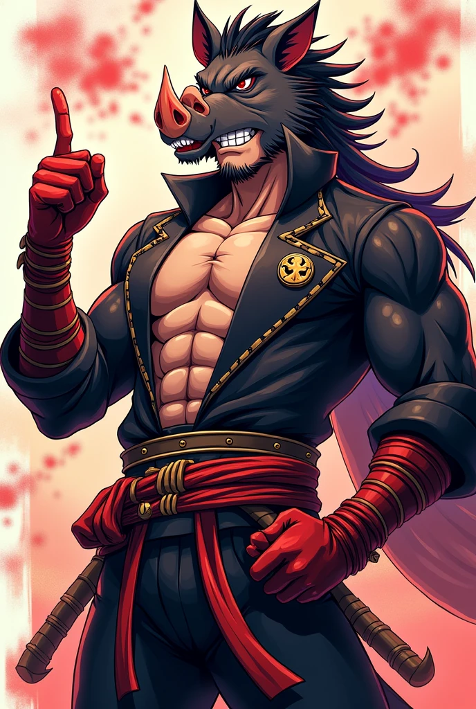 Crie uma imagem de Inosuke Hashibira, do anime Demon Slayer, showing him in a dynamic and animated pose. He should be making a 'thumbs up' gesture with his right hand, while sporting his signature demon hunter look: the boar mask, the well-defined muscles and the hunter's outfit. His expression should be energetic and enthusiastic., capturing your vibrant and fearless personality