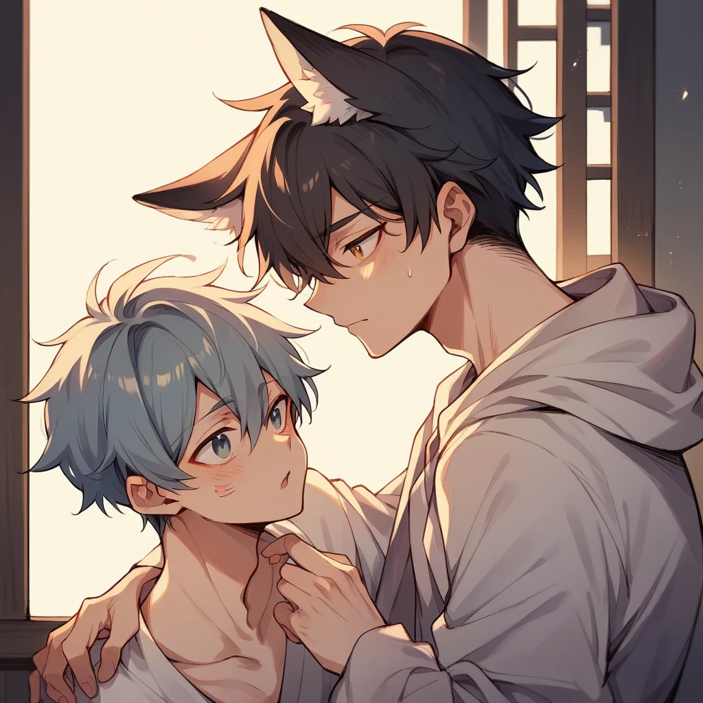 (cute male, cat ears, smiling, white hair, shirtless, white jockstrap, cute boy, small body, no shirt), (purple haired cute male, shirtless, wolf ears, bulge, purple jockstrap, small body, cute boy), 2 men, laying on bed, hugging, japanese house, hugging, cuddling, 2males, male only, kissing, males kissing, touching eachother