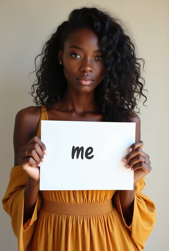 Beautiful African girl with wavy long hair, bohemian dress, holding a white board with text "me " and showing it to the viewer