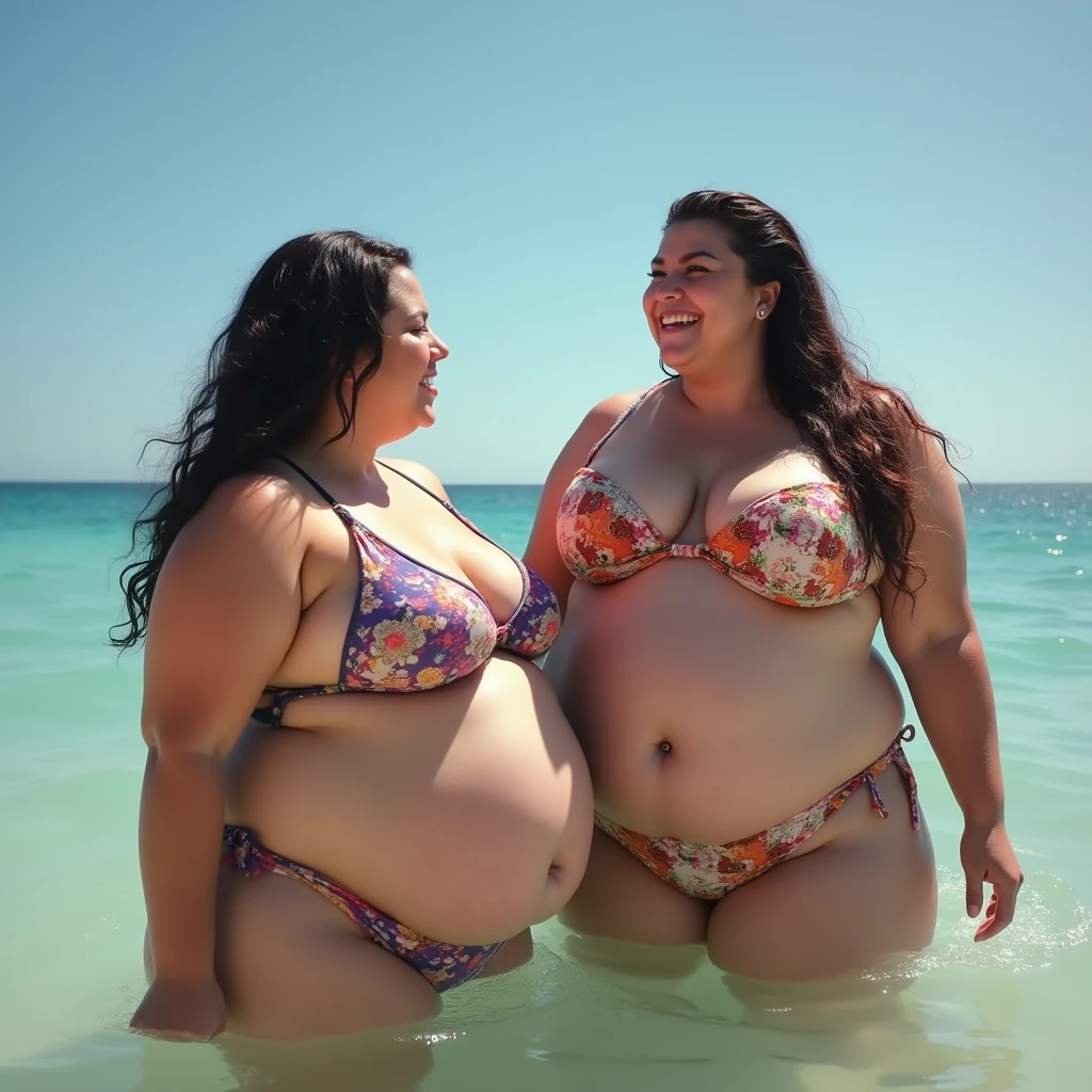 Two women are obese with lots of belly fat, like Tess Holliday, they are plus size models with beautiful faces, they are wearing colorful bikinis and humping each other's bellies, they are obese Brazilian sumo wrestlers with very large bellies, they are distended and covered with a lot of fat, they have nicely hanging bellies and only one navel dimple, they are swimming in the ocean on a tropical beach, 4K quality, low angle