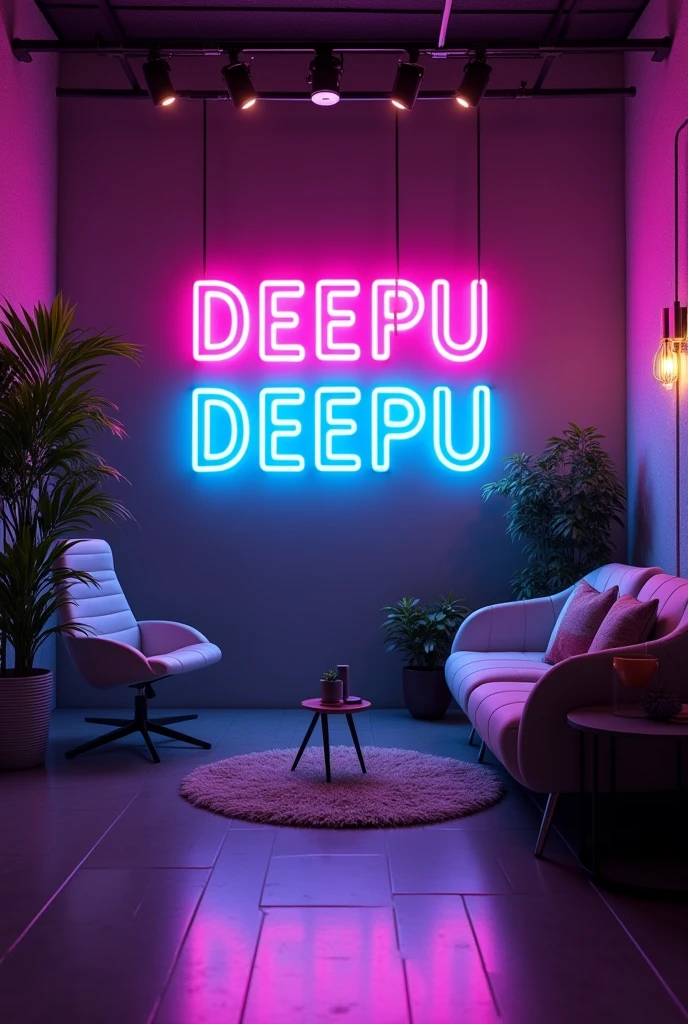 Create a YouTube studio background with a modern and sleek design. In the center of the background, display the name 'DEEPU' in bright neon lights with correct spelling. The neon lights should be in a vibrant color, such as electric blue or neon pink. Surround the neon text with subtle, complementary lighting and decor that enhances the studio aesthetic. The overall ambiance should be stylish, professional, and inviting, perfect for a YouTube content creator's studio.