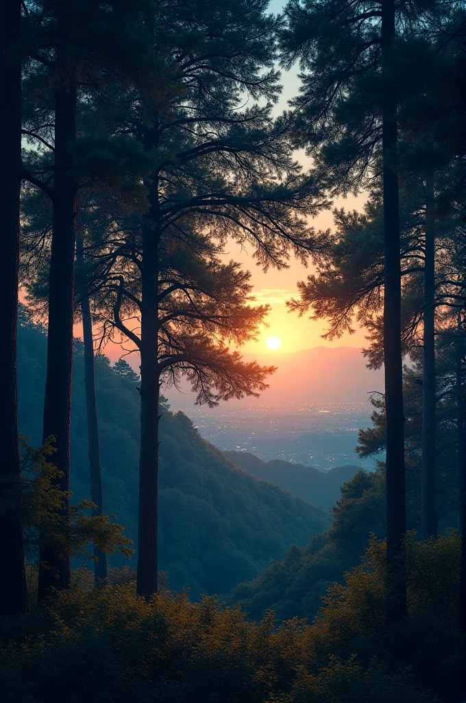 The outside view from the room is breathtakingly serene, featuring a dense cluster of tall trees, their leaves gently rustling in the evening breeze. The scene is bathed in the warm glow of twilight, with the last rays of the setting sun filtering through the branches, casting intricate shadows on the ground. The foliage appears almost golden, contrasting beautifully with the deepening blue of the sky. In the distance, faint city lights begin to twinkle, adding a soft, urban charm to the otherwise natural landscape, creating a perfect harmony between nature and city life.