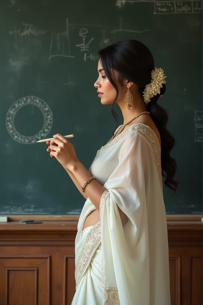 Create an image of cute teacher in white saree and white projected blouse writing on black board standing left side with navel visible