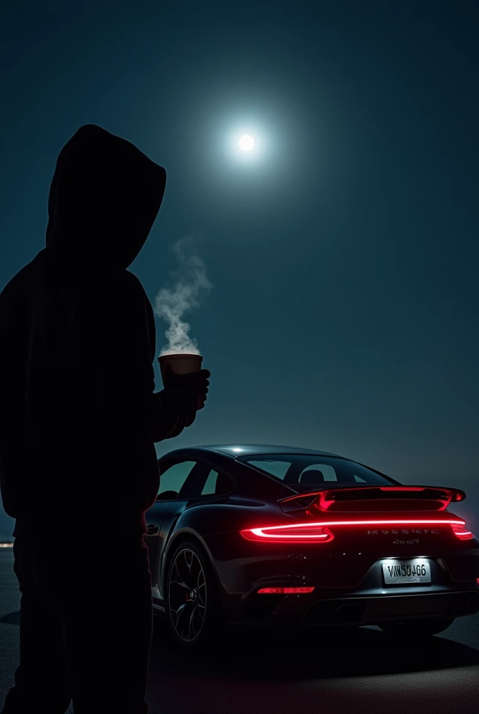 Porsche 911 Turbo S parked against a dark night sky. The moon shines brightly in the background, casting a silvery glow. The sleek rear of the Porsche is illuminated by the moonlight, revealing its distinct curves and aggressive design. In the foreground, a person in a black hoodie stands, holding a steaming cup of coffee. The contrast between the dark hoodie and the gleaming Porsche creates a striking visual effect. The scene feels serene and contemplative, with the moon adding a touch of magic to the moment.