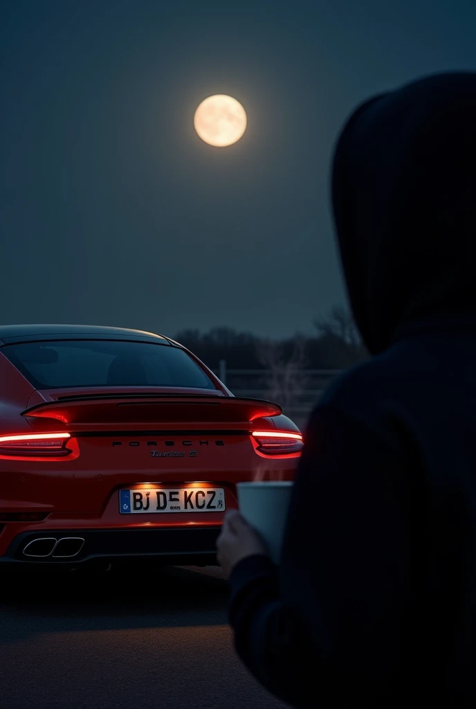 Porsche 911 Turbo S parked against a dark night sky. The moon shines brightly in the background, casting a silvery glow. The sleek rear of the Porsche is illuminated by the moonlight, revealing its distinct curves and aggressive design. In the foreground, a person in a black hoodie stands, holding a steaming cup of coffee. The contrast between the dark hoodie and the gleaming Porsche creates a striking visual effect. The scene feels serene and contemplative, with the moon adding a touch of magic to the moment.