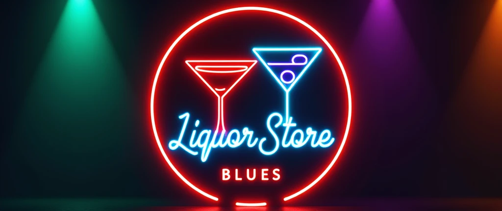 Circular logo with a wine glass and a martini glass in the center, the name of Liquor Store Blues around it in cursive, all this with green colors, red, purple, naranja y red estilo neon