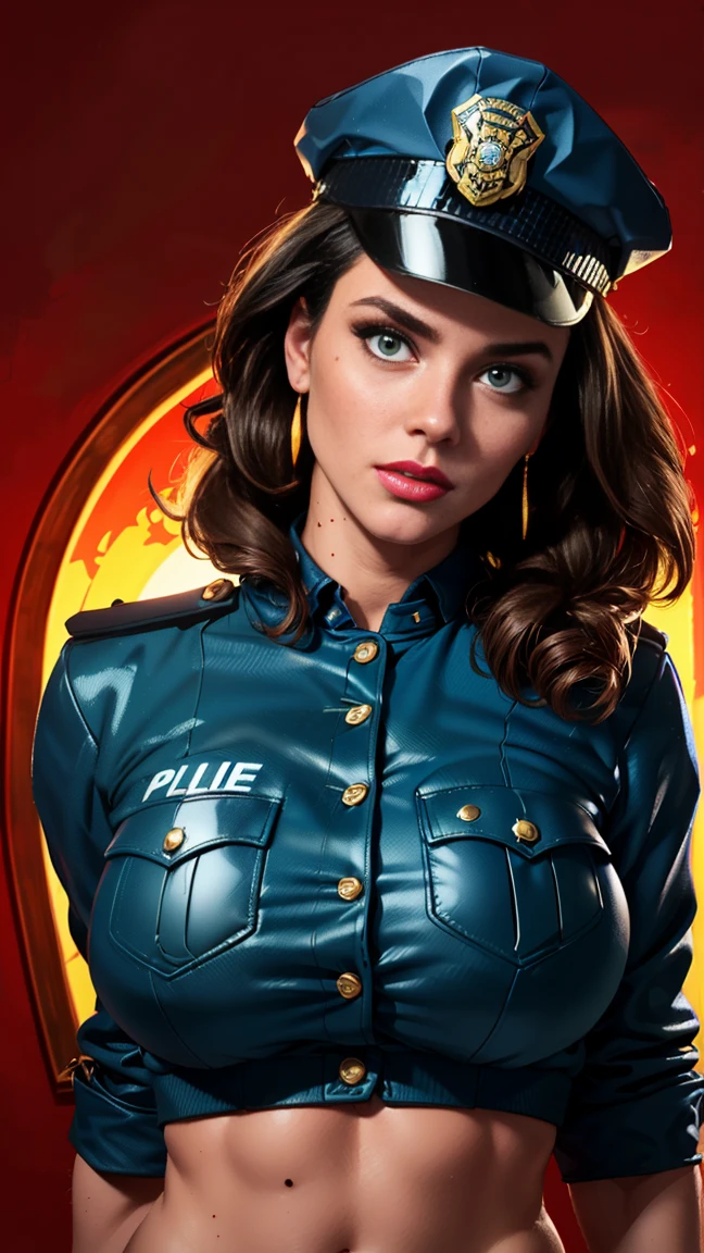 simple background (in women's police uniform and police cap: 1.4), good hand, 4k, high resolution, masterpiece, best quality, head: 1.3, ((Hasselblad photo)), finely detailed skin, clear focus, (cinematic lighting), soft lighting, dynamic angle, [:(detailed face: 1.2):0.2], belly gaze, huge breasts, breasts, (((inside the mansion))), 1girl, jewelry, earrings, orange_sky, solo, mole, long_curly_hair, mole_under_eye, upper_body, green_eyes, looking_at_viewer, black hair, fashion (head tilt: 1.4), plain background, red background,