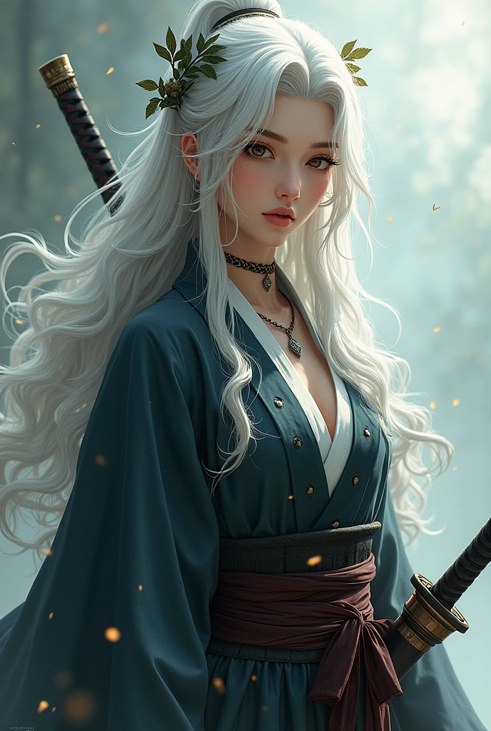 A woman with white hair with brown eyes and leaves in her hair tied up with a katana and green demon hunter clothing,with korean face,and wavy hair,digital image ai,and a scar,and short hair,with strong cheeks,IA