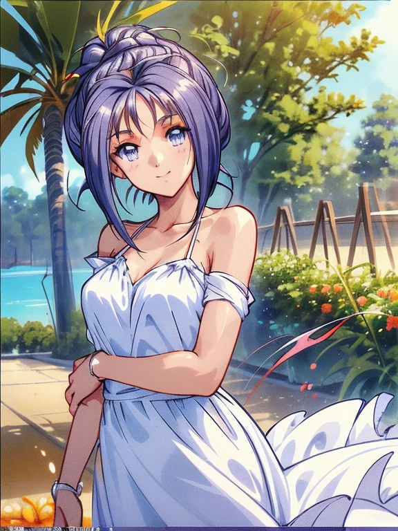 ((masterpiece)),((Ayako Katagiri)),((Katagiri Ayako)),((A happy smile)),Anatomically perfect fingers,(((Tropical))),(((Cafe Terrace))),(((White dress))),(((No sleeve)))