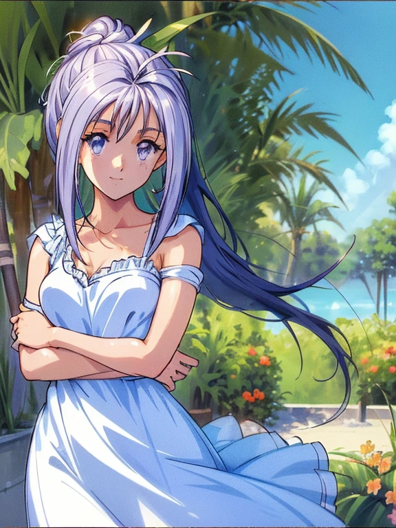 ((masterpiece)),((Ayako Katagiri)),((Katagiri Ayako)),((A happy smile)),Anatomically perfect fingers,(((Tropical))),(((Cafe Terrace))),(((White dress))),(((No sleeve)))