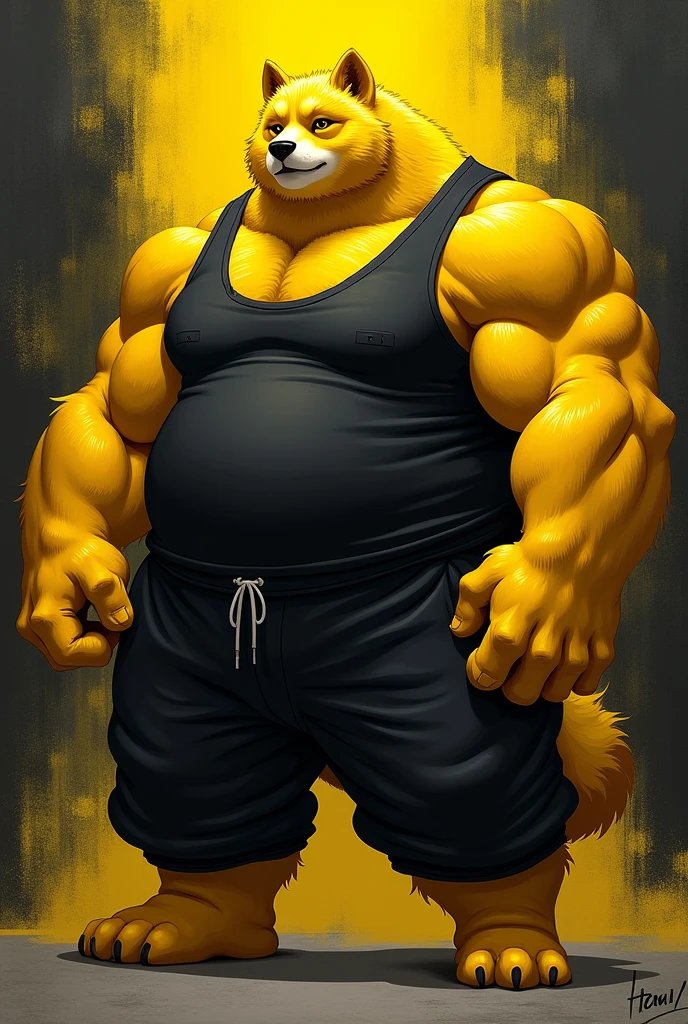 Furry, Anthro, solo, Hypno, Male, (((muscular body, massive thighs, massive male pectorals, fluffy neck, yellow skin, wearing black tanktop, wearing black sweatpants))), ((((massive biceps)))), ((((((massive bulky torso, wide-eyed, head tilted, facing viewer)))))), black/yellow spraypainted background, by buta99, by zackary911, by bebebebebe, (((digital painting)))