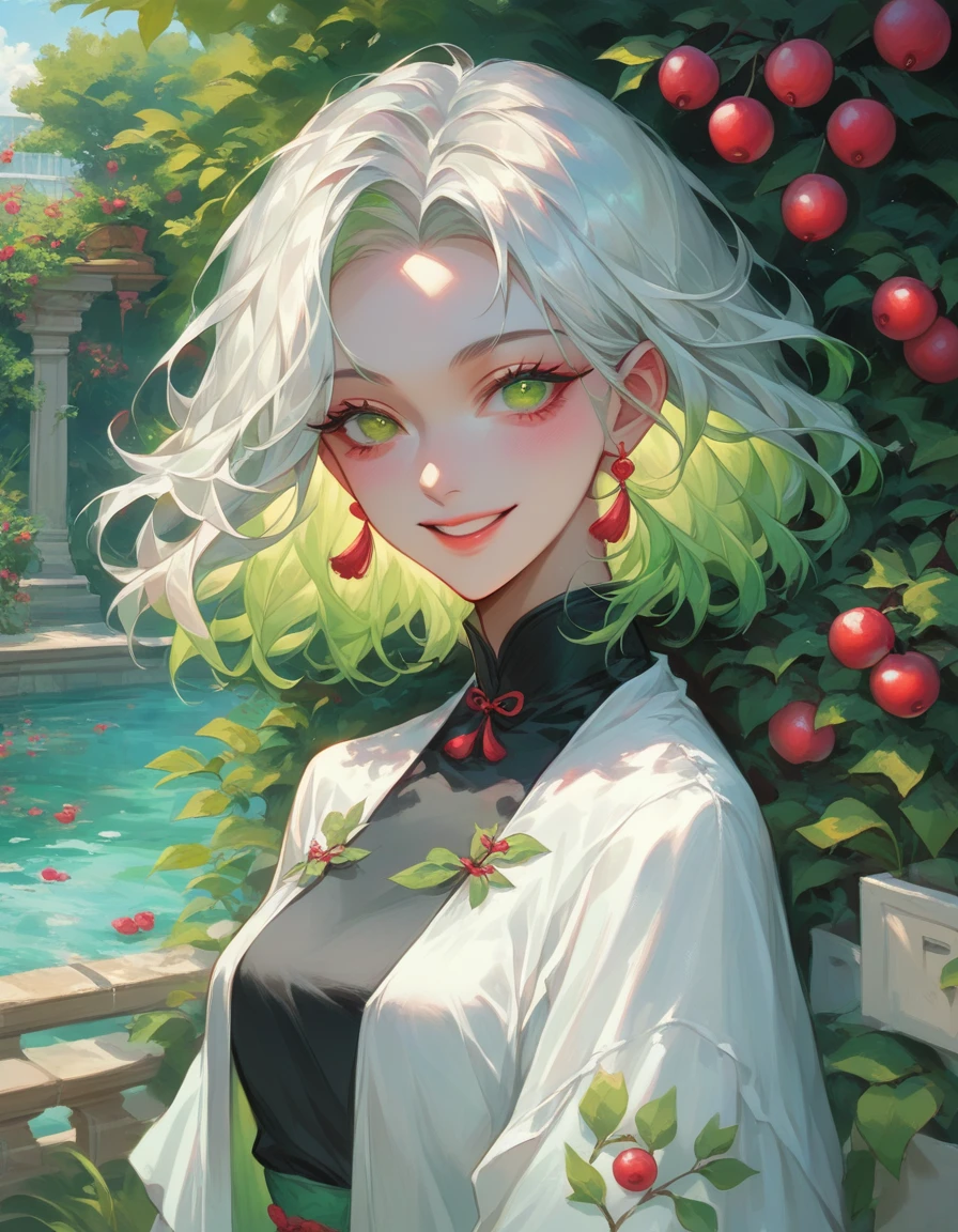 a beautiful detailed painting of a smiling girl in a garden surrounded by yuzu flowers, aquarelle painting style with sketching details, floating Cherries 🍒 fruits and peels, vibrant red and green colors, white highlights