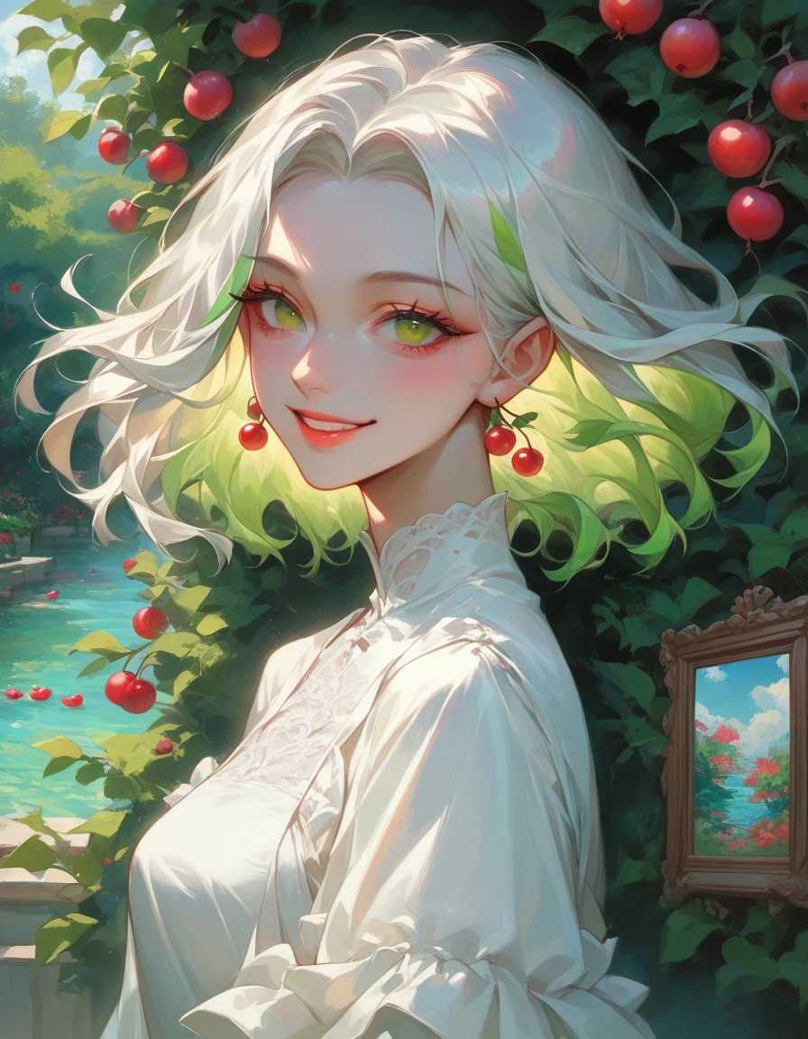 a beautiful detailed painting of a smiling girl in a garden surrounded by yuzu flowers, aquarelle painting style with sketching details, floating Cherries 🍒 fruits and peels, vibrant red and green colors, white highlights