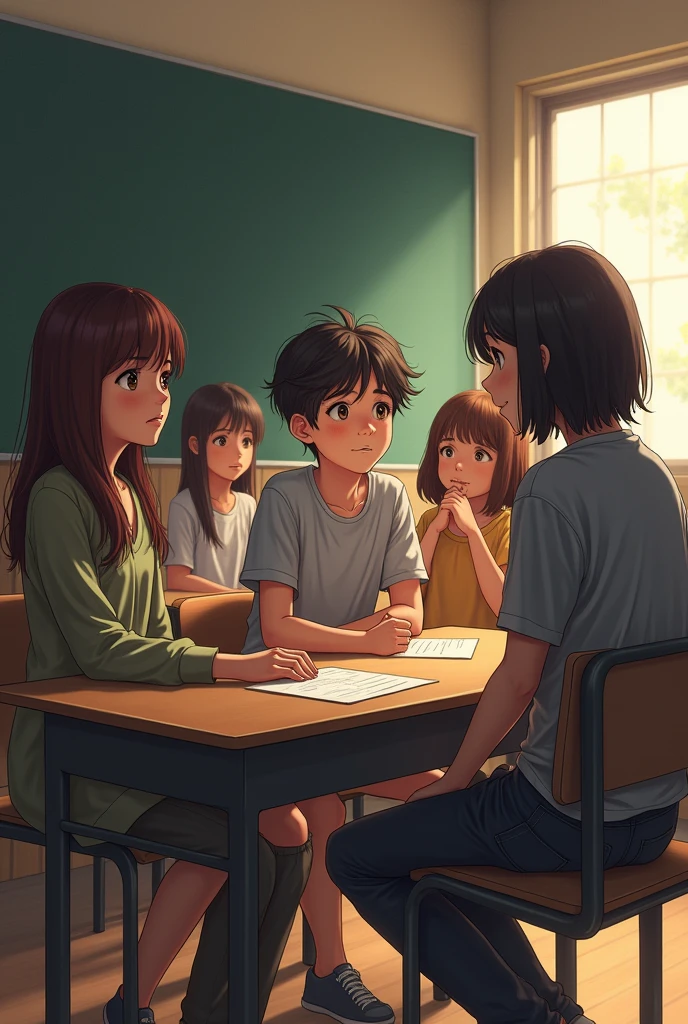 a boy talking to three girls in classroom two girls sitting on bench behind him and one girl sitting next to him and that boy's girlfriend watching all this from outside the classroom sadly