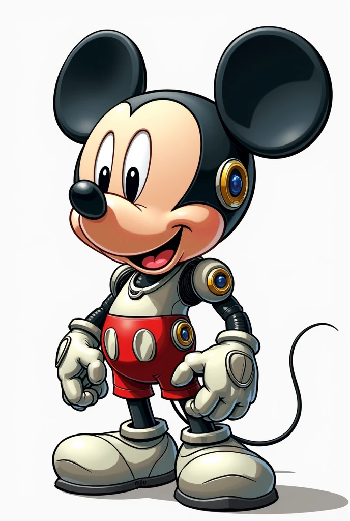 "Dessinez une illustration inspirée de l(art de Hajime Sorayama, représentant une version robotique de Mickey Mouse de style chibi. Le robot Mickey Mouse doit avoir un design futuriste , avec des lignes élégantes et des détails métalliques brillants. Votre visage doit conserver les traits classiques de Mickey, mais avec une esthétique plus technologique, y compris brillant, yeux expressifs et oreilles emblématiques. Votre corps doit être distinctif avec des articulations visibles et une aura de sophistication robotique. Assurez-vous de capturer l'essence de Mickey tout en incorporant Hajime Sorayama(son style distinctif, créant une fusion unique entre le classique et le futuriste."