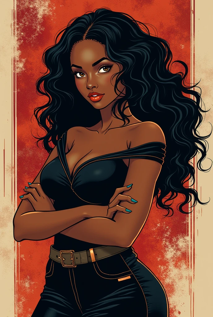 a pretty curvy black woman with mid-length curly hair with brown eyes with a graphic style like that of the anime demon slayer