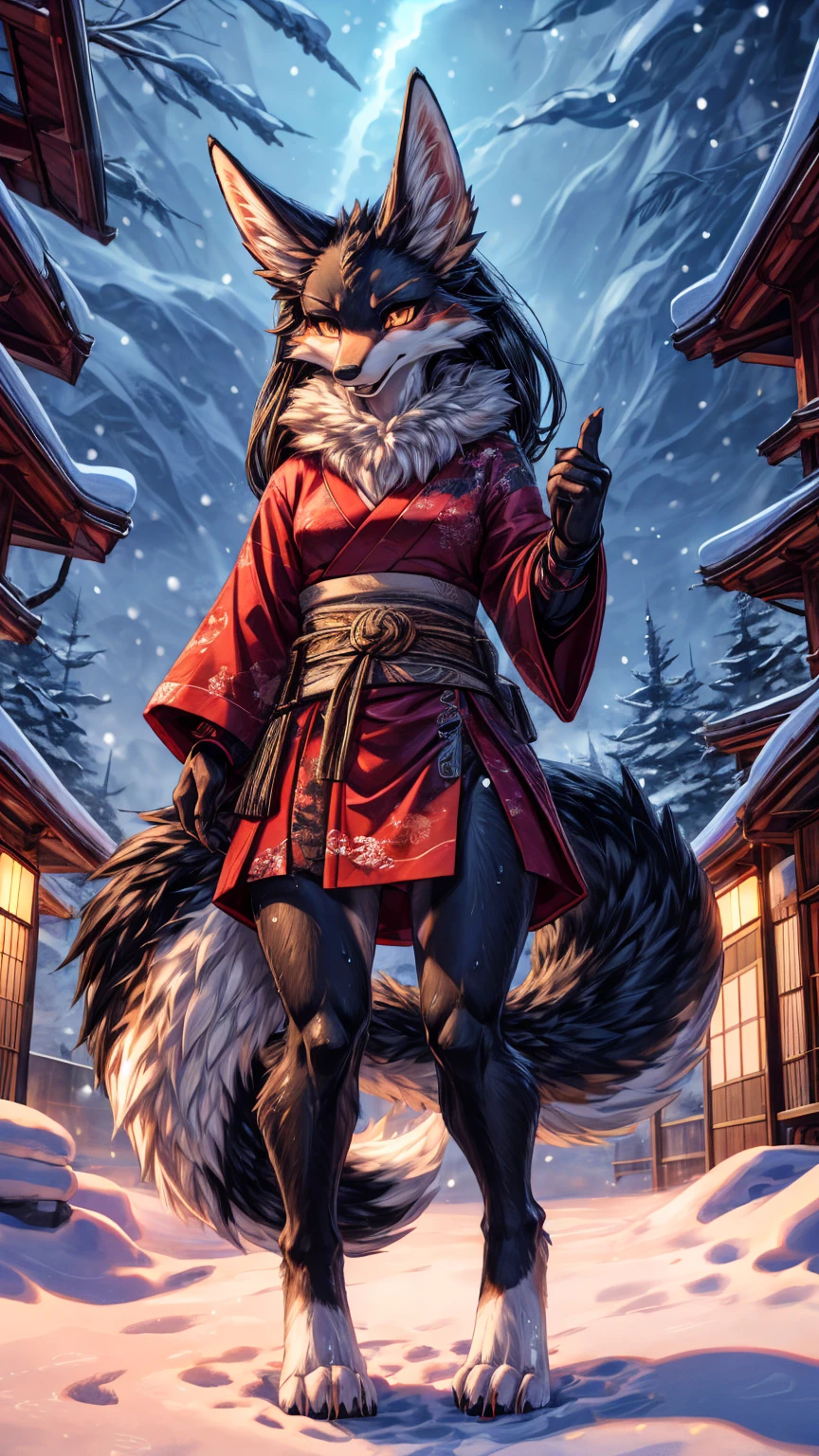 The best quality, Japanese girl black jackal, dark kitsune foxgirl face elongated snout add-detail, Surprise face, sweaty body, add heated_detail,, kitsune warrior in the snow add_detail:1, add barefoot_detail:1 mystical aura