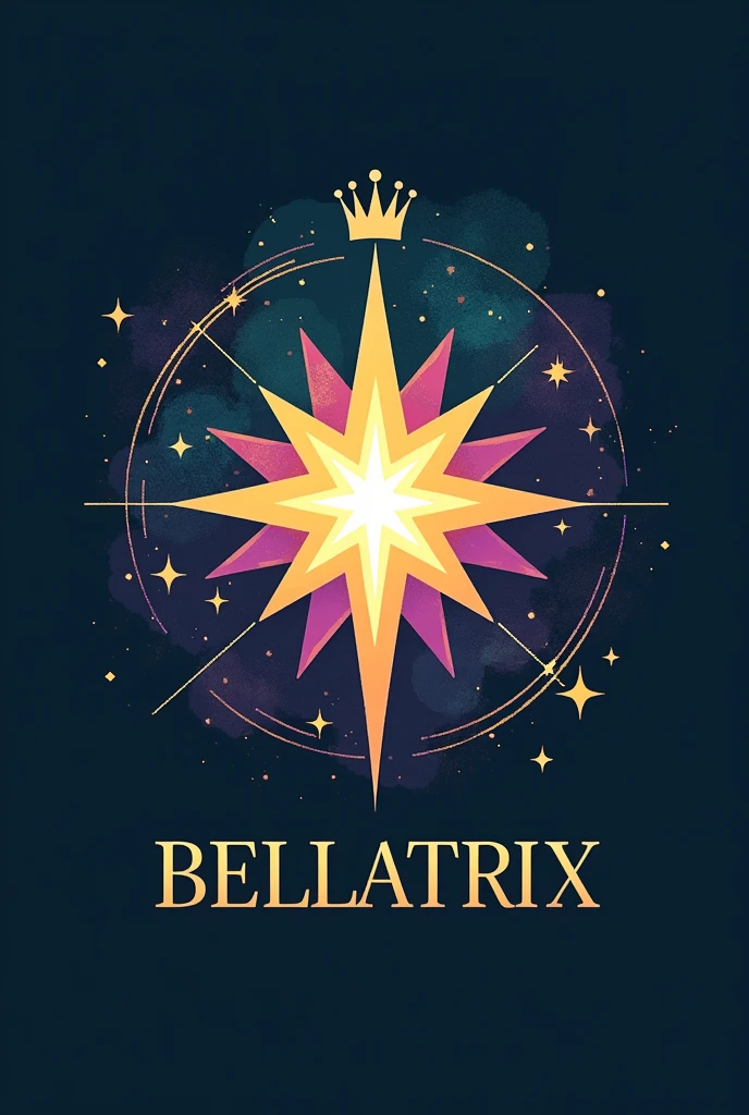 A logo of the constellation of primo, with a bright star representing the return of Jesus on it with a crown, written BELLATRIX with the colors aqua green, roxo e rosa!