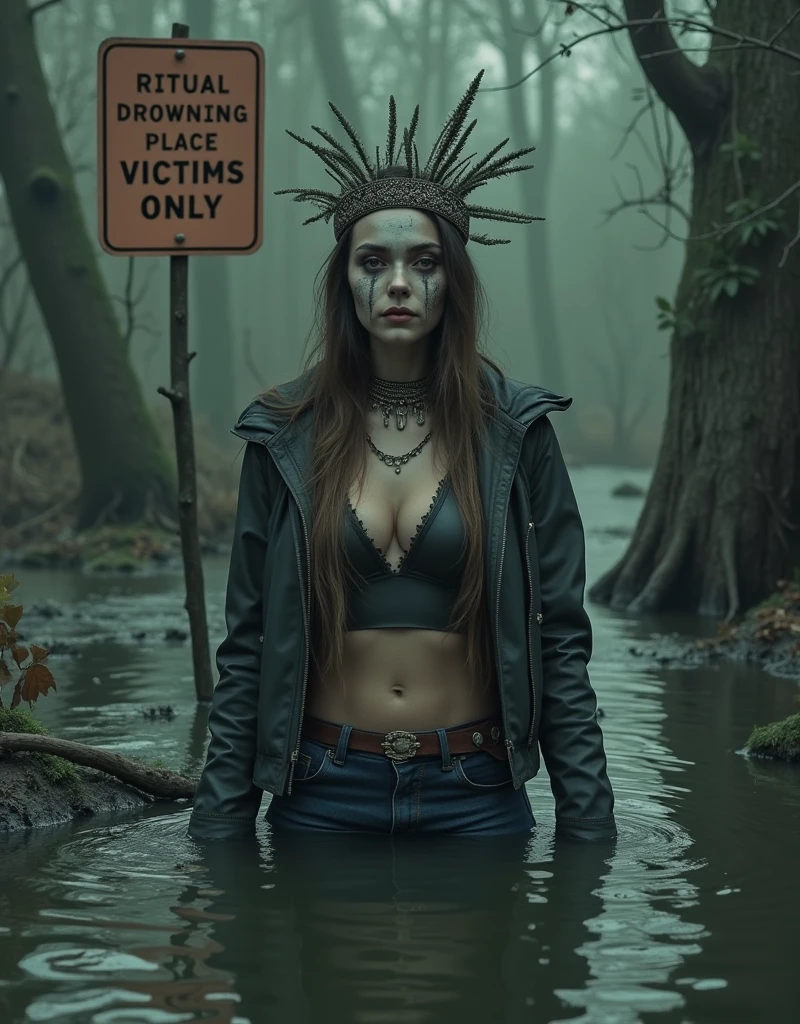 woman, zipped down jacket, information pointer "RITUAL DROWNING PLACE VICTIMS ONLY", flared jeans, stuck in bog, beautiful headdress,pale ritual makeup