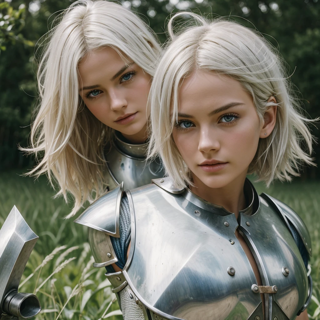 masterpiece , a girl, in a field, ( lite white short hair:1.2), (red eyes:1.2), (Crausader:1.2), (looks at the viewer:1.2) , (8k, best quality 1.2), ultra-detailed, 8k uhd, soft lighting, high quality, film grain, beautiful lighting, cinematic ,perfect body , best illumination, best shadow, sharpness, contrast, red glasses, messy hair, , absurdres high detailed face, steel armour, great sword