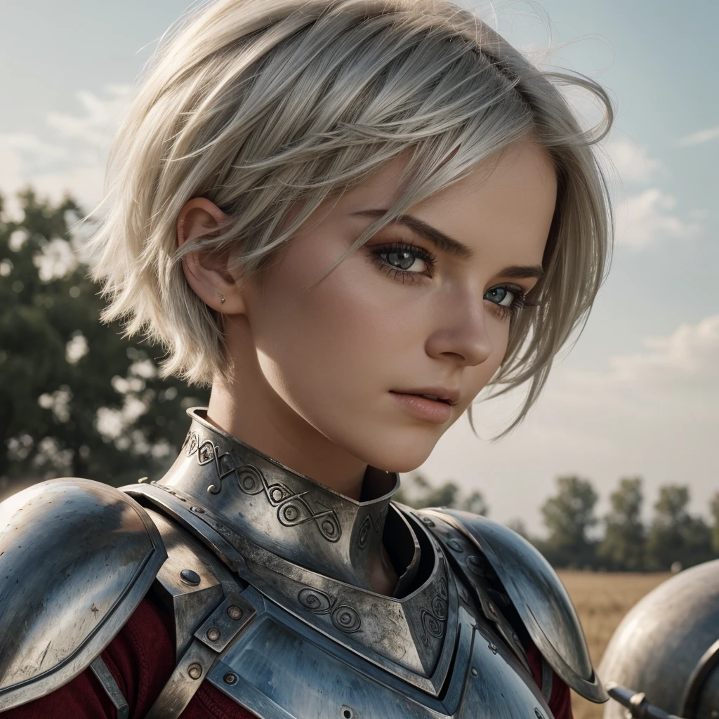 masterpiece , a girl, in a field, ( lite white short hair:1.2), (red eyes:1.2), (Crausader:1.2), (looks at the viewer:1.2) , (8k, best quality 1.2), ultra-detailed, 8k uhd, soft lighting, high quality, film grain, beautiful lighting, cinematic ,perfect body , best illumination, best shadow, sharpness, contrast, red glasses, messy hair, , absurdres high detailed face, steel armour, great sword