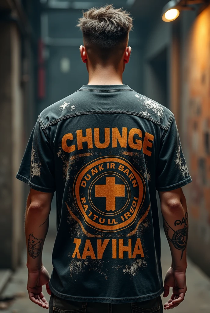 create a grunge shirt that separates  its front, side, and back view like a roblox clothing template 