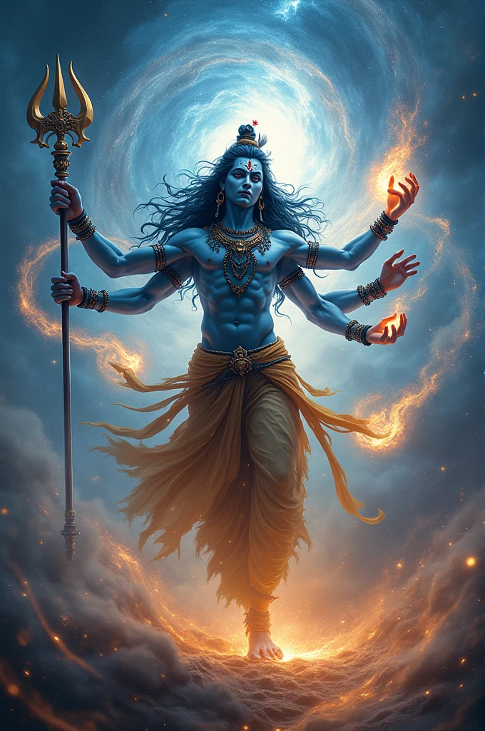 Generate an image of Lord Shiva performing the Tandava dance in a cosmic setting. Show him with multiple arms, holding his trident, damru, and fire. Surround him with swirling galaxies and stars, symbolizing the creation and destruction of the universe. His expression should be fierce yet divine."