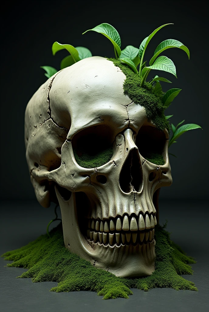 A broken skull with a plant coming out of the drawing 