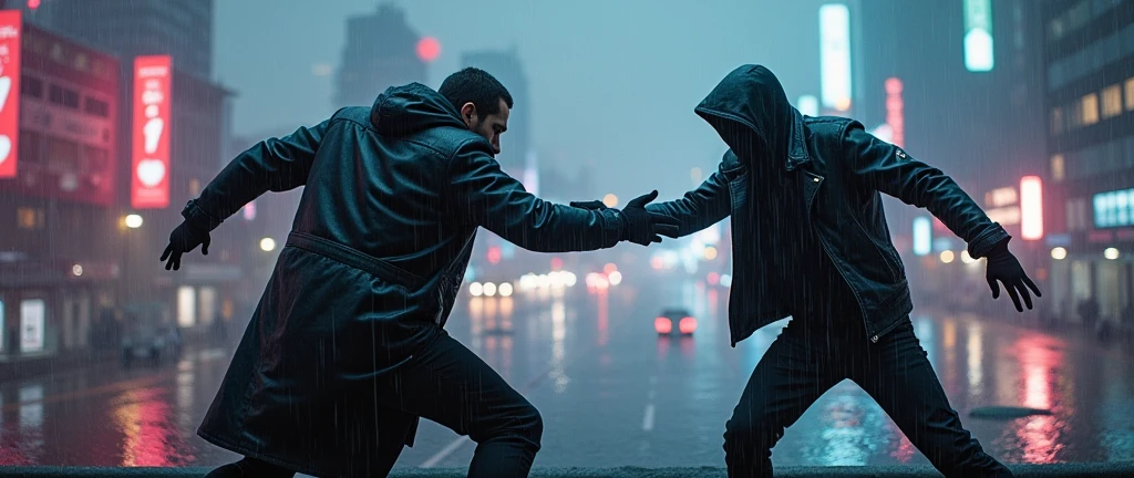 ah, Two guys fighting in the rain on top of a building in a cyberpunk city? What an intense scene! I imagine the rain is falling hard, the neon lights shining in the city, and the guys fighting with all the strength. One of them could be dressed in a black leather coat, while the other wears a futuristic hood. It looks like a thrilling action scene!