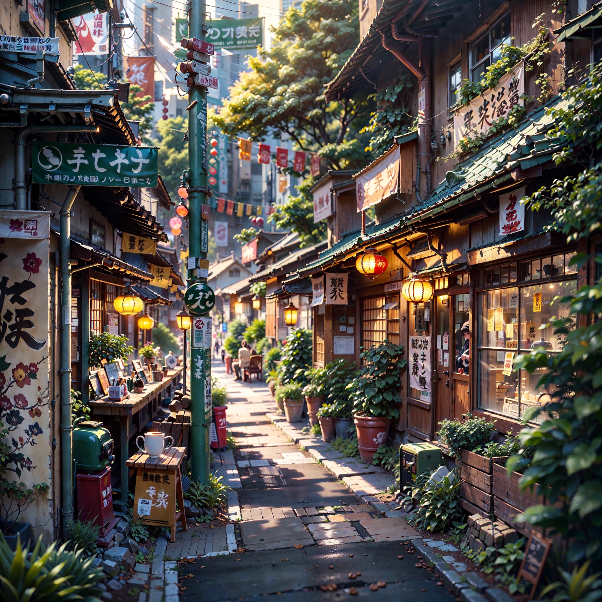 ((best quality)), ((masterpiece)), (detailed), A (compact:1.2) (narrow:1.2) alley stretching from left to right, featuring a (small Japanese coffee shop:1.3). (Overgrown trees:1.2) cover the tops of the buildings, creating a lush canopy. The scene is set at (sunrise:1.2) with (warm, golden lighting:1.3), creating a (vibrant:1.5) atmosphere. (Japanese banners and signs:1.3) adorn the shop, adding cultural detail. The alley is devoid of people, maintaining a (serene and peaceful:1.3) ambiance. The scene is rendered in (beautiful anime scenery:1.5) style, with (detailed:1.4) and (concept art-level intricacy:1.3), evoking a (Tokyo-esque:1.2) vibe. (No one:1.6) in sight.