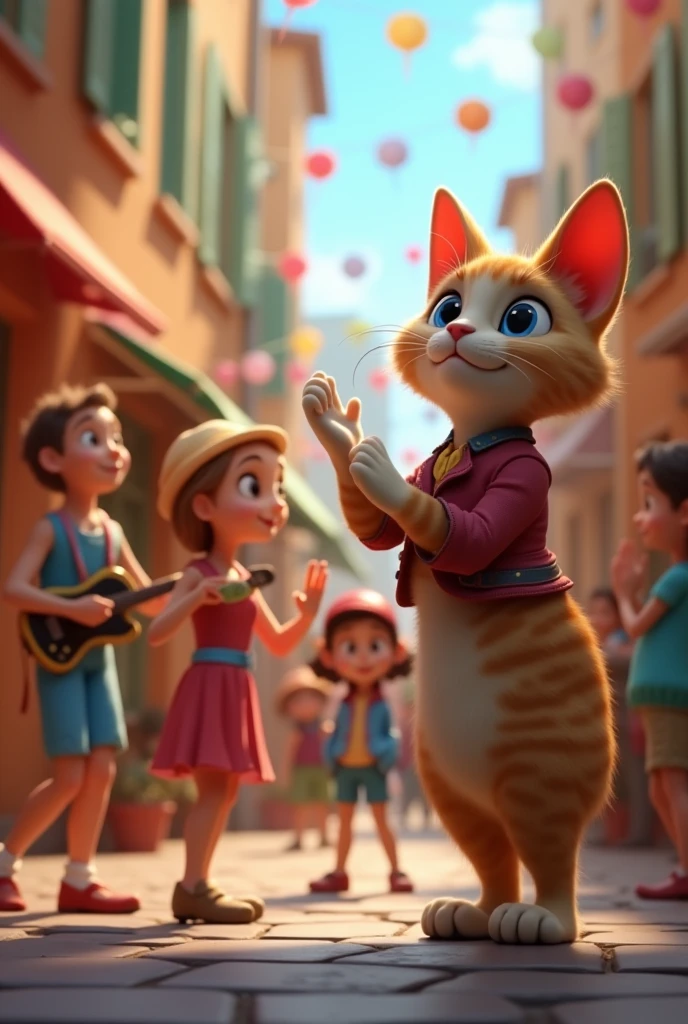 "Create a scene where the cat watches street performers like musicians and dancers. The performers are lively and entertaining, and the cat claps along with the crowd."
3d animated disney inspired