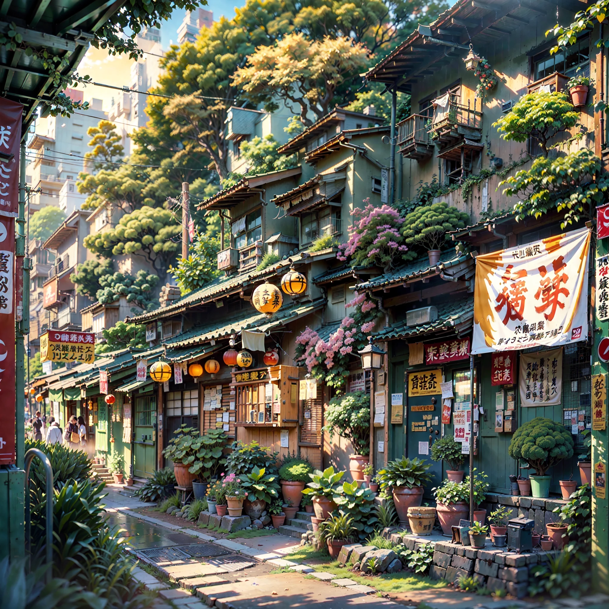 ((best quality)), ((masterpiece)), (detailed), A (compact:1.2) (narrow:1.2) alley stretching from left to right, featuring a (small Japanese coffee shop:1.3). (Overgrown trees:1.2) cover the tops of the buildings, creating a lush canopy. The scene is set at (sunrise:1.2) with (warm, golden lighting:1.3), creating a (vibrant:1.5) atmosphere. (Japanese banners and signs:1.3) adorn the shop, adding cultural detail. The alley is devoid of people, maintaining a (serene and peaceful:1.3) ambiance. The scene is rendered in (beautiful anime scenery:1.5) style, with (detailed:1.4) and (concept art-level intricacy:1.3), evoking a (Tokyo-esque:1.2) vibe. (No one:1.6) in sight.
