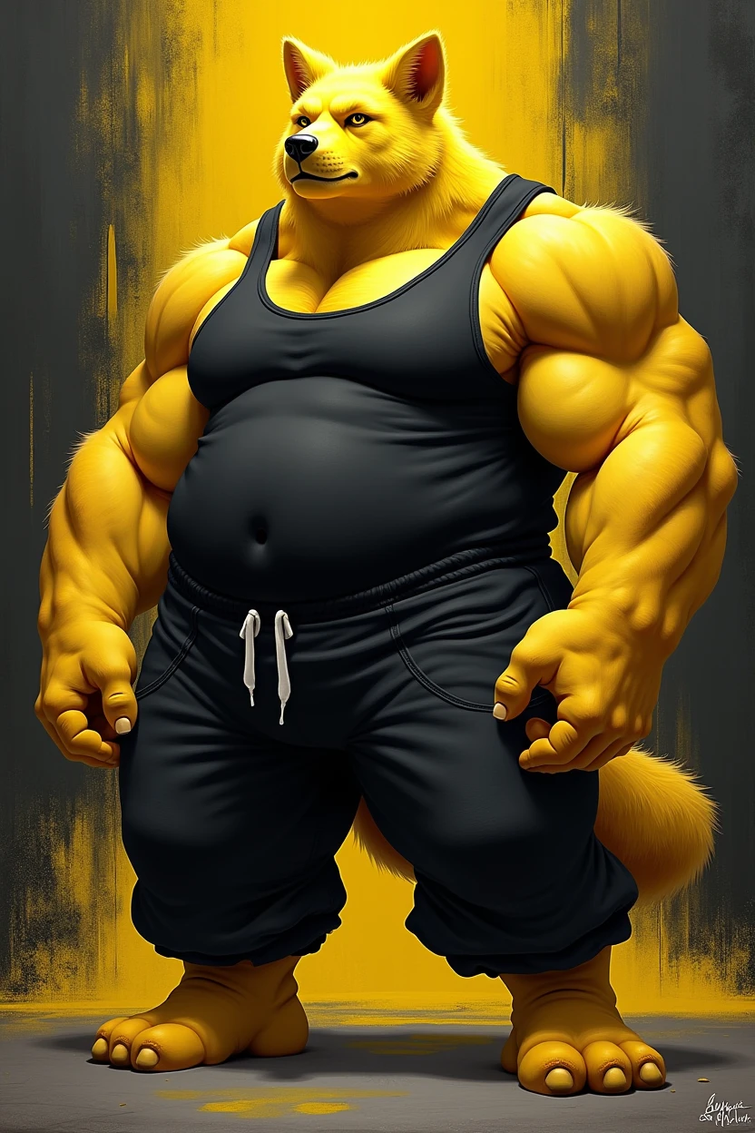 Furry, Anthro, solo, Hypno, Male, (((muscular body, massive thighs, massive male pectorals, fluffy neck, yellow skin, wearing black tanktop, wearing black sweatpants))), ((((massive biceps)))), ((((((massive bulky torso, wide-eyed, head tilted, facing viewer)))))), black/yellow spraypainted background, by buta99, by zackary911, by bebebebebe, (((digital painting)))