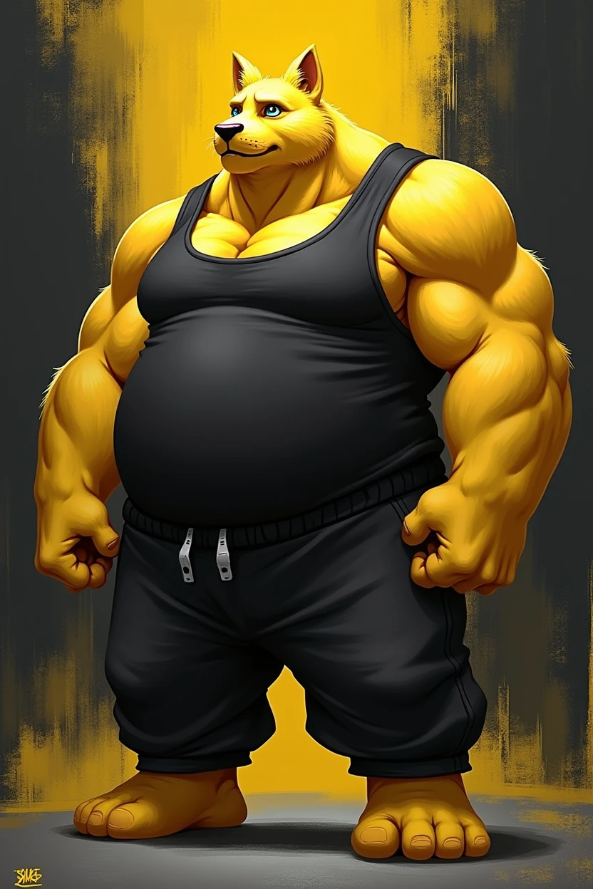Furry, Anthro, solo, Hypno, Male, (((muscular body, massive thighs, massive male pectorals, fluffy neck, yellow skin, wearing black tanktop, wearing black sweatpants))), ((((massive biceps)))), ((((((massive bulky torso, wide-eyed, head tilted, facing viewer)))))), black/yellow spraypainted background, by buta99, by zackary911, by bebebebebe, (((digital painting)))