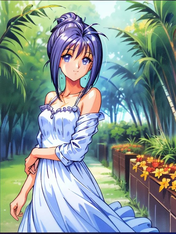 ((masterpiece)),((Ayako Katagiri)),((Katagiri Ayako)),((A happy smile)),Anatomically perfect fingers,(((Tropical))),(((Cafe Terrace))),(((White dress))),(((No sleeve)))