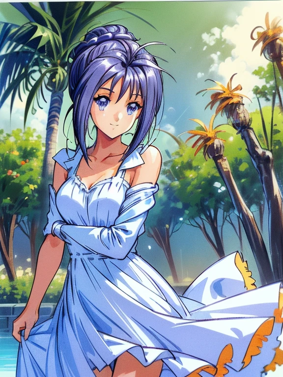 ((masterpiece)),((Ayako Katagiri)),((Katagiri Ayako)),((A happy smile)),Anatomically perfect fingers,(((Tropical))),(((Cafe Terrace))),(((White dress))),(((No sleeve)))