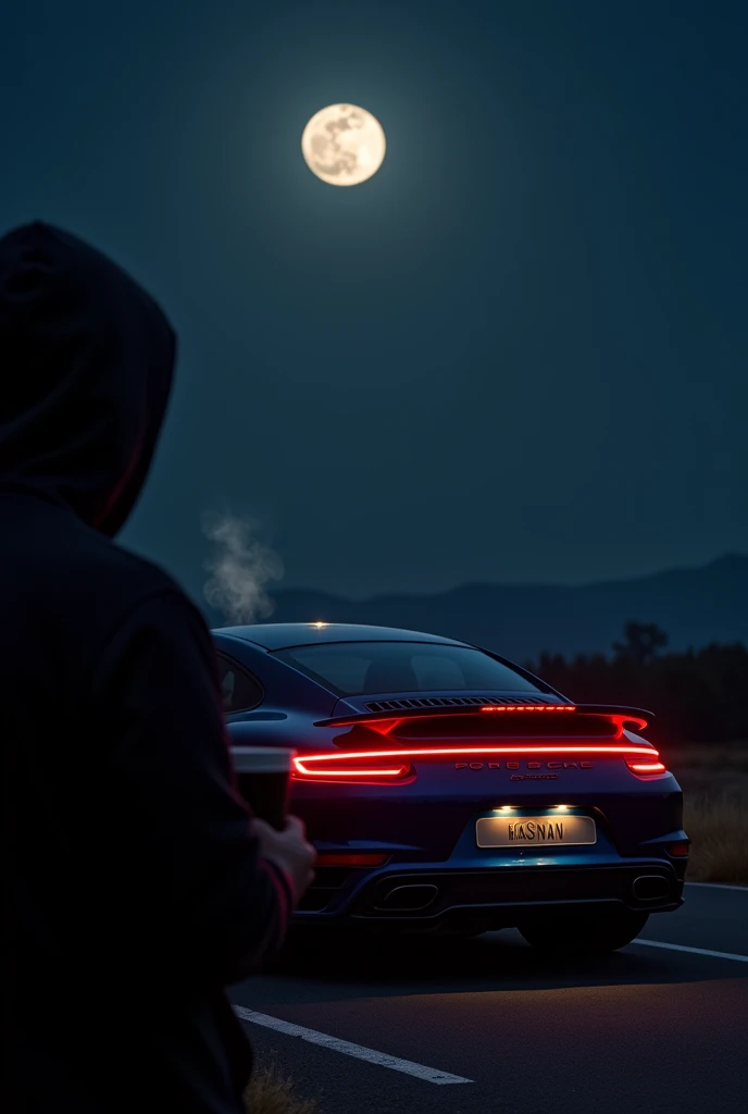 Porsche 911 Turbo S parked against a dark night sky. The moon shines brightly in the background, casting a silvery glow. With the HASNAN on the back number plate. The sleek rear of the Porsche is illuminated by the moonlight, revealing its distinct curves and aggressive design. In the foreground, a person in a black hoodie stands, holding a steaming cup of coffee. The contrast between the dark hoodie and the gleaming Porsche creates a striking visual effect. The scene feels serene and contemplative, with the moon adding a touch of magic to the moment.