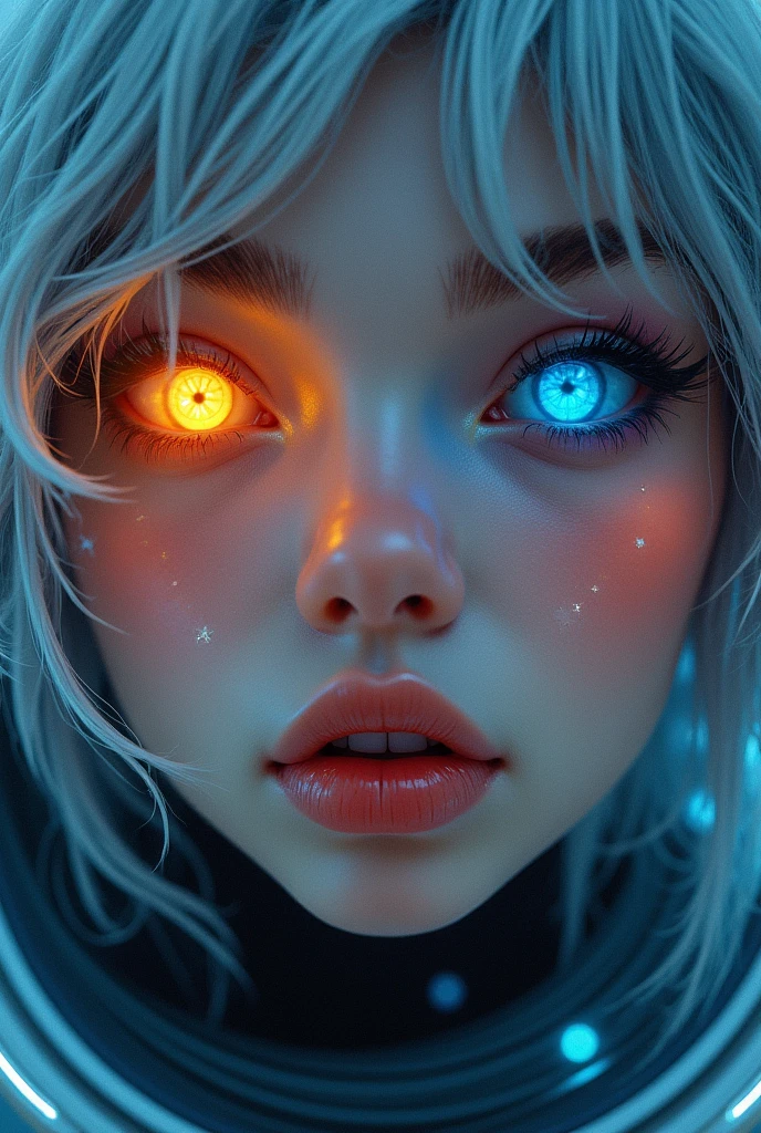 (Close-up of a better masterpiece:1.5)0.9], (Space and astronauts:1.2) (Messy silver hair:1.1) (Heterochromia xanthochromia and blue eyes:1.2) (Space Helmet:1.0) (Colored stars in the eyes:1.0) (A radiant glow:1.1) (thick lips:0.9)
