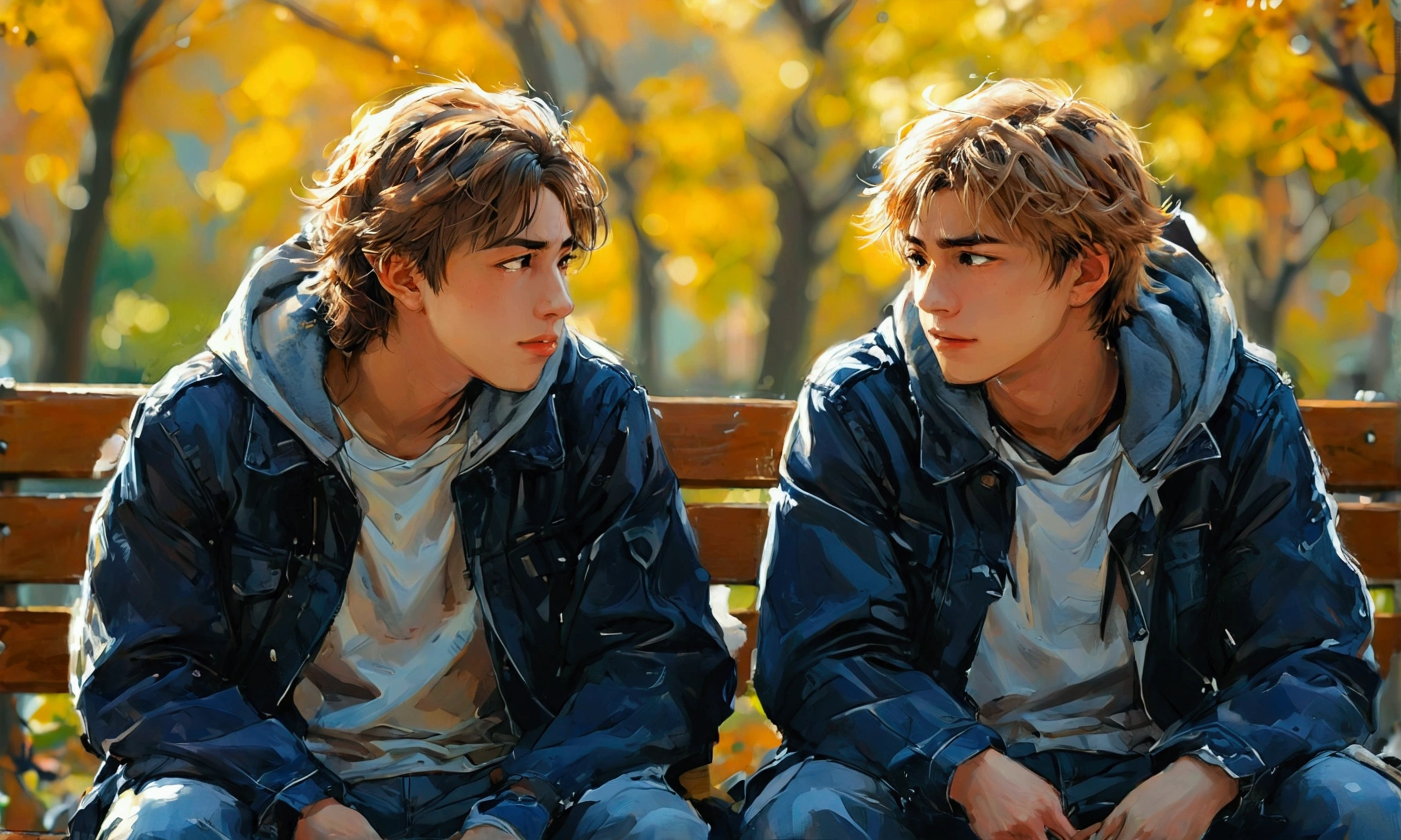 TWO YOUNG MEN TALKING SITTING ON A PARK BENCH,manga style art,manga style art,manga style art,manga style art
