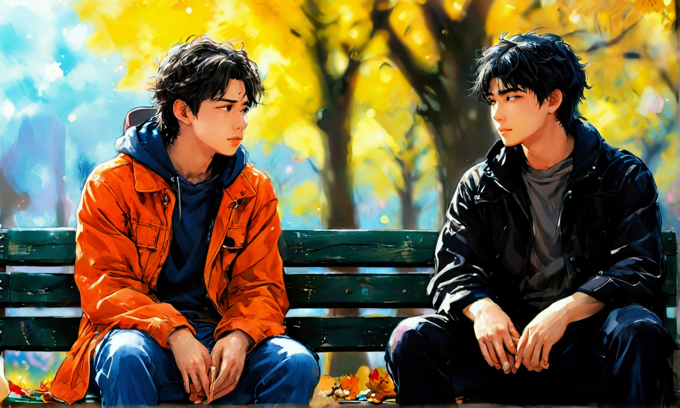 TWO YOUNG MEN TALKING SITTING ON A PARK BENCH,manga style art,manga style art,manga style art,manga style art